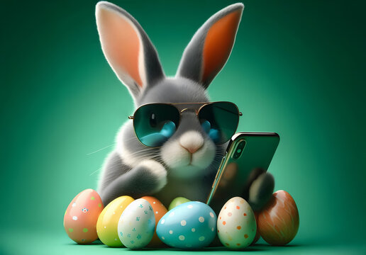 Ein Osterhase mit Sonnenbrille mit bunten Ostereiern vor einem gr&uuml;nen Hintergrund h&auml;lt ein Handy in seiner Pfote und liest Nachrichten, copy space