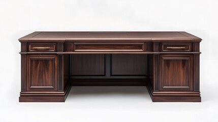 A high-end executive office desk with a dark wood finish and integrated storage, set against a clean white background