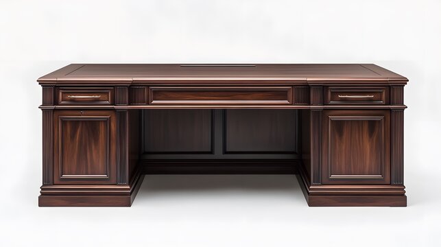 A high-end executive office desk with a dark wood finish and integrated storage, set against a clean white background