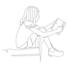 Young Girl Reading a Book — Minimalist Line Art Illustration