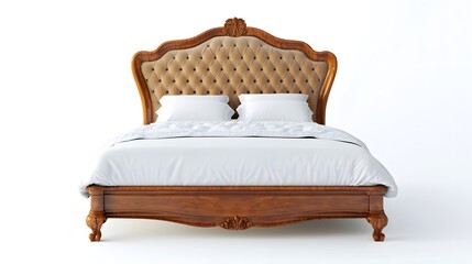 A luxurious upholstered bed frame with a tall, tufted headboard in a soft fabric, isolated on a white background