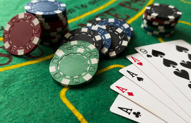 playing chips and playing cards close-up. the view from the top