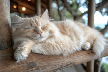 A Cymric cat lounging, fluffy and playful, natural setting