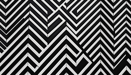 A bold black-and-white zigzag pattern, creating an optical illusion effect with high contrast, producing a striking and dynamic visual.
