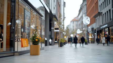 Obraz premium Busy urban street with shops and pedestrians under bright lights, capturing the essence of city life.