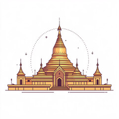 Obraz premium minimalist flat design illustration of golden pagoda with intricate details, surrounded by serene atmosphere. structure features multiple spires and central dome, showcasing traditional