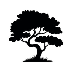 Silhouette of a tree with curved trunk and dense foliage