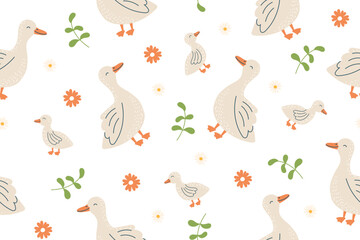Seamless pattern of geese on a white background. Farm animals, poultry. Vector hand drawn childish banner.