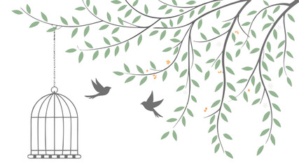 Spring Blossom Tree with Pink Flowers, Love Birdhouses, and Flying Birds – Elegant Nature Illustration on White Background