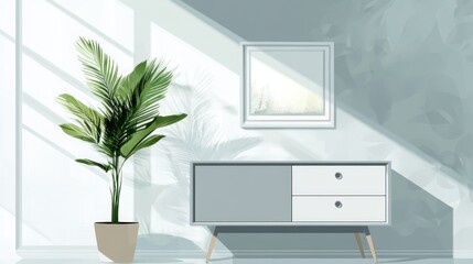 Sunlit room, modern cabinet, plant, mirror, interior design, home decor, website banner
