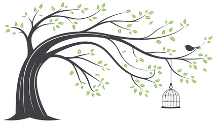 Spring Blossom Tree with Pink Flowers, Love Birdhouses, and Flying Birds – Elegant Nature Illustration on White Background