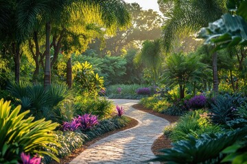 Obraz premium Winding stone path through lush tropical garden at dawn