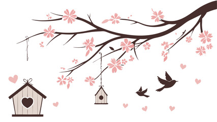 Spring Blossom Tree with Pink Flowers, Love Birdhouses, and Flying Birds – Elegant Nature Illustration on White Background
