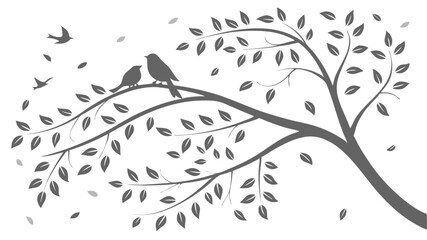 Spring Blossom Tree with Pink Flowers, Love Birdhouses, and Flying Birds – Elegant Nature Illustration on White Background