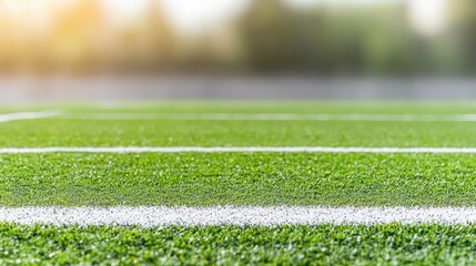 Naklejka premium Close-up view of a green sports field with clear white lines, under bright sunlight.