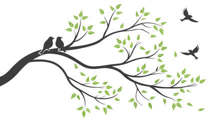 Spring Blossom Tree with Pink Flowers, Love Birdhouses, and Flying Birds – Elegant Nature Illustration on White Background