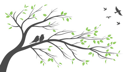 Spring Blossom Tree with Pink Flowers, Love Birdhouses, and Flying Birds – Elegant Nature Illustration on White Background