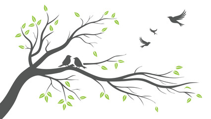 Spring Blossom Tree with Pink Flowers, Love Birdhouses, and Flying Birds – Elegant Nature Illustration on White Background