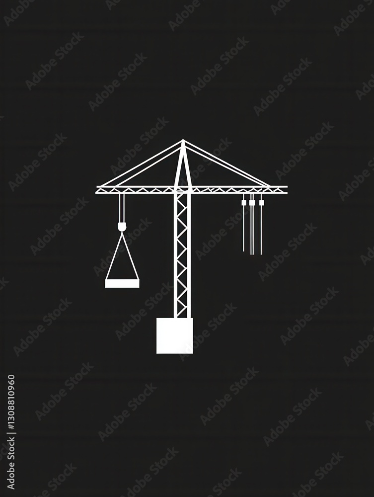 Poster minimalist construction logo featuring a silhouette of a tower crane lifting a block with modern lin