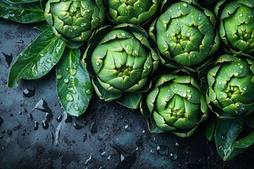 Fototapeta premium Fresh green artichokes with water droplets on dark background for culinary inspiration and farm-to-table design