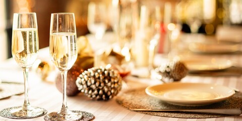 Elegant table setting with champagne glasses, festive new year decor, and warm lighting. Champagne and decor create a festive, elegant atmosphere for celebrations. Festive New Year gala dinner.