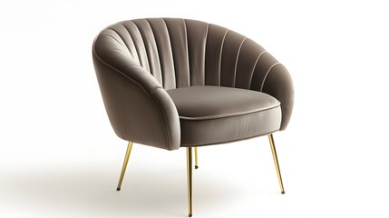 Fototapeta premium A modern velvet accent chair with gold metal legs, elegantly placed on a plain background