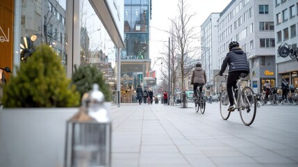 Obraz premium Cyclists ride through a bustling city street lined with shops and modern buildings on a crisp day.