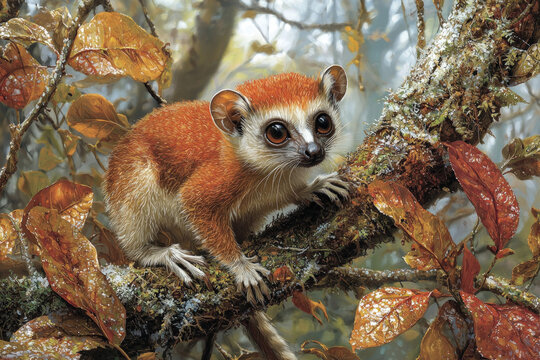 A detailed depiction of the mouse lemur (Microcebus murinus) in its natural habitat.