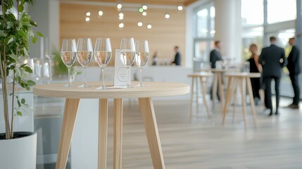 Elegant business event setup with glasses on table in modern venue.