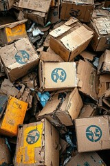 Sustainability and recycling: a pile of worn cardboard boxes in urban environment