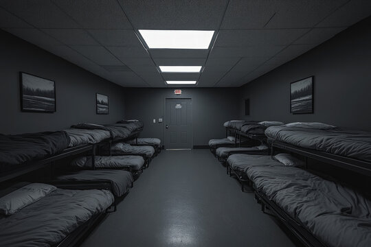 A juvenile detention center, somber and intense, social theme