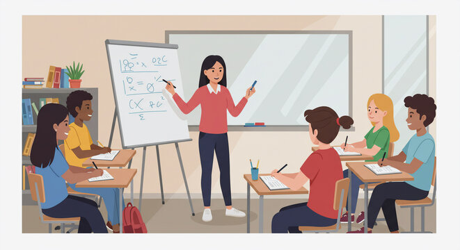 Vector class, teacher, teacher, classroom discussion, illustration 