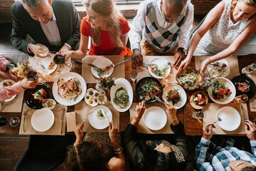 Diverse group dining together, sharing food, enjoying a meal. Top view of friends at a table, eating, talking, and celebrating. Social gathering, food, and friendship. Large family dinner, top view.