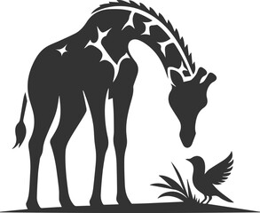 Giraffe looking down at a small bird on the ground vector silhouette