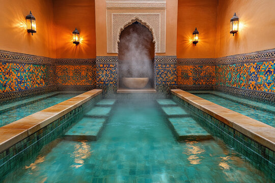 A serene scene of a traditional hammam in Morocco with steam and ornate tiles