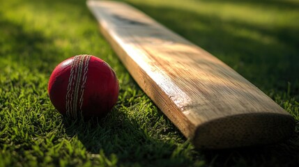 A red cricket ball and wooden bat resting on green grass