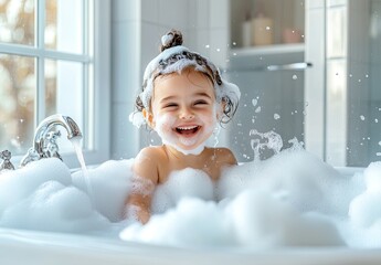 A happy child is playing in the bathtub, with soap suds and foam all around her. She has an exaggerated smile as she splashes water on herself