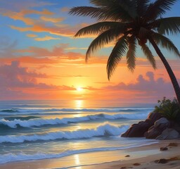 Illustration of ocean beach with palm tree.
