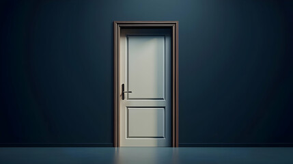Closed White Door Against a Dark Blue Wall with Soft Lighting and Shadow