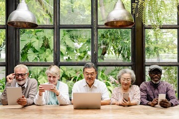 Group of diverse seniors using technology. Elderly men and women with laptops and tablets....