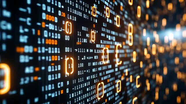 Digital data streams flow through a futuristic interface showcasing binary code in vivid orange and blue tones