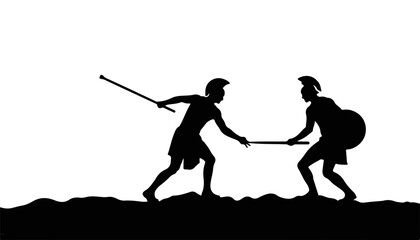 Silhouetted warriors clashing with spears against a plain background