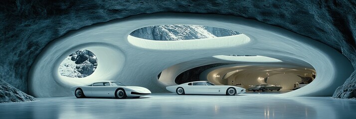 White concept cars are parked inside a futuristic garage carved into rock, featuring large circular openings