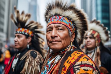 A Native American Day parade with participants in traditional attire, waving flags and showcasing cultural pride
