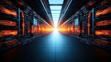 Fototapeta premium Light at the End of a Futuristic Data Center Corridor with Neon Technology Glow