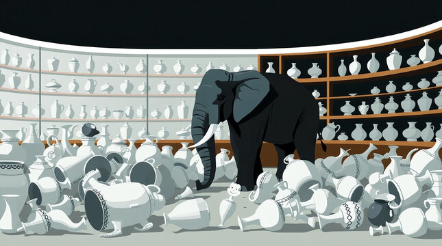 Ein Elefant in einem Porzellanladen. Er zerst&ouml;rt alles um sich herum ohne R&uuml;cksicht auf Verluste.