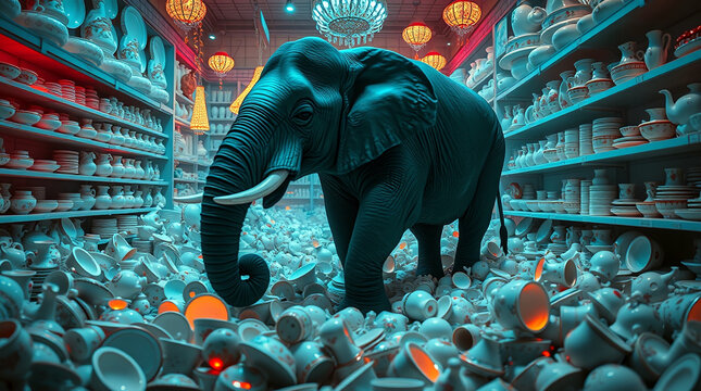 Ein Elefant in einem Porzellanladen. Er zerst&ouml;rt alles um sich herum ohne R&uuml;cksicht auf Verluste.