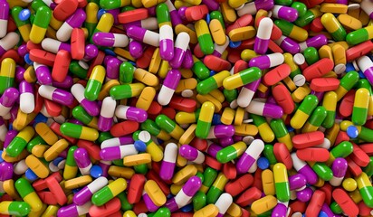 A lot of colorful medication and pills from above. 3D rendering illustration