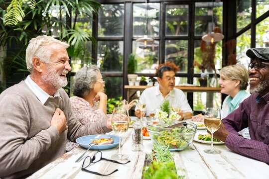 A diverse group of elderly friends, both men and women, enjoying a meal together. Elderly friends sharing laughter and food in a cozy, indoor garden setting. Retired people having lunch at restaurant.