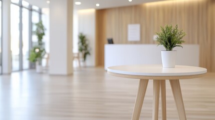 Minimalist modern office reception with wooden decor and potted plants, creating a serene workspace environment.